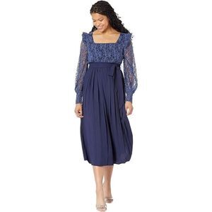 Little Mistress Belle Midi Dress Womens 10 Blue Pleated Sheer Puff Sleeve JDM834